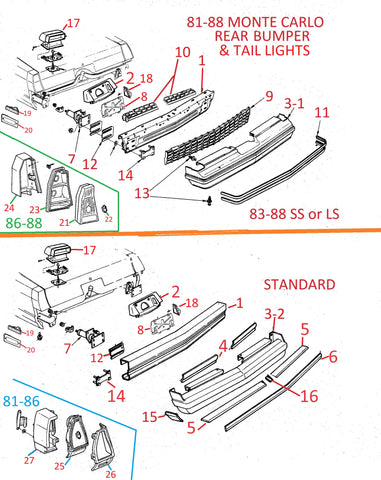 81-88 MONTE CARLO REAR BUMPER PARTS