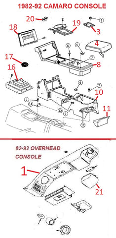82-92 CAMARO CONSOLE FLOOR & ROOF PARTS.