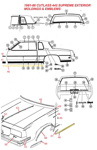 81-88 CUTLASS 442 EXTERIOR MOLDINGS & EMBLEMS