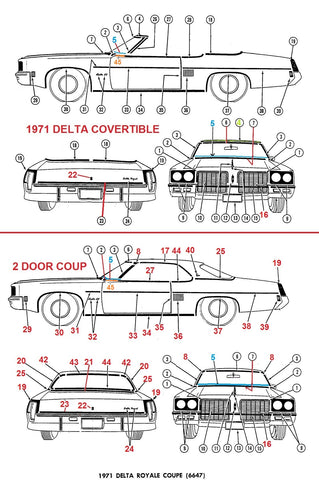71 DELTA 88 EXTERIOR MOLDINGS & EMBLEMS