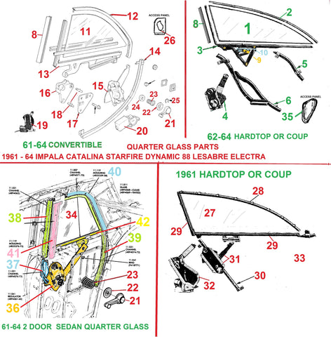 61-64 B & C BODY QUARTER WINDOW PARTS