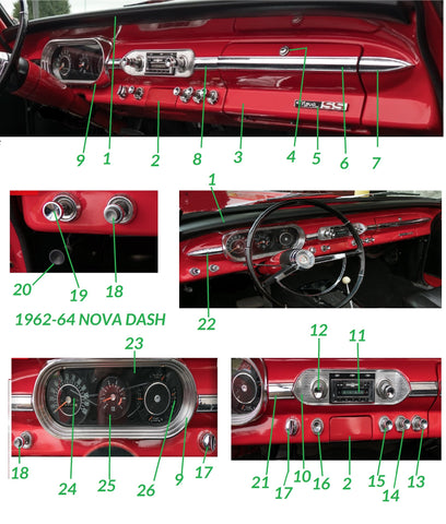 62-64 NOVA CHEVY II DASH PARTS