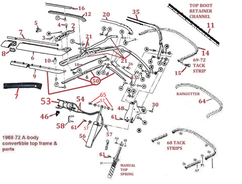 68-72 A-BODY CONVERTIBLE TOP FRAME PARTS