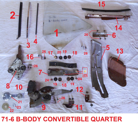 71-76 B-BODY QUARTER WINDOW PARTS CONVERTIBLE