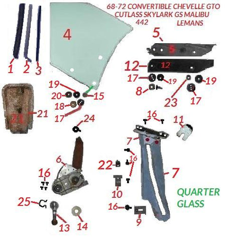 68-72 A-BODY QUARTER GLASS PARTS, CONVERTIBLE