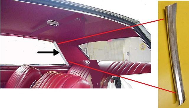 HEADLINER SIDE REAR CHROME TRIM, RIGHT, 17" USED, 64-65 CHEVELLE