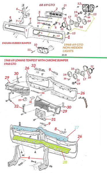 68 69 gto bumper & grill diagram