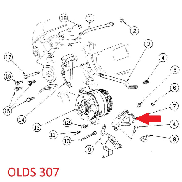 ALTERNATOR LOWER BRACKET ,USED, V8, 80-90 OLDS