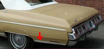 QUARTER PANEL MOLDING, LH, LOWER, REAR, 73 CP 2 & 4 DOOR, BEHIND REAR WHEEL, USED