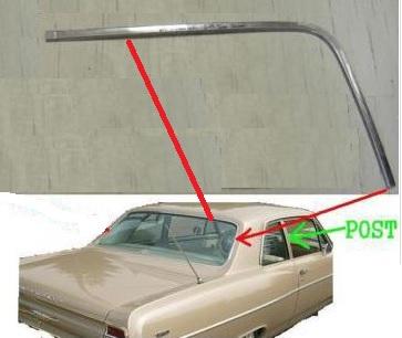 REAR WINDOW OUTSIDE MOLDING OR TRIM, RIGHT, SIDE, UPPER, CORNER, FOR 2 & 4 SEDANS, UPPER & SIDE, USED