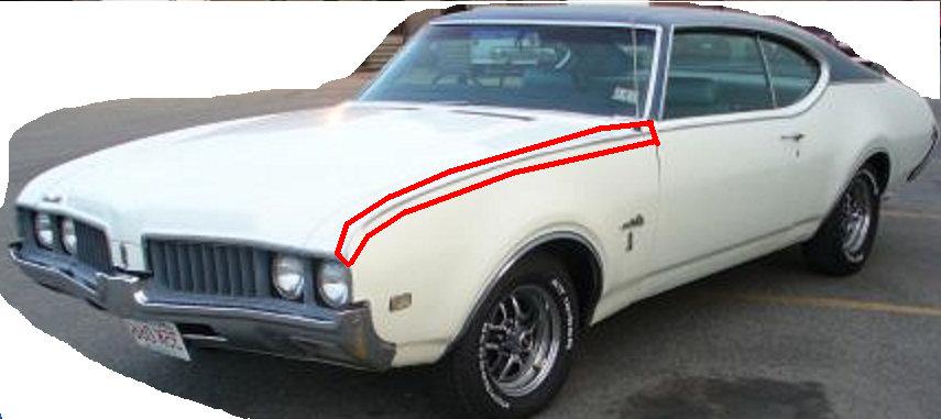 FENDER PEAK MOLDING ,LEFT USED 69 CUTLASS 442,